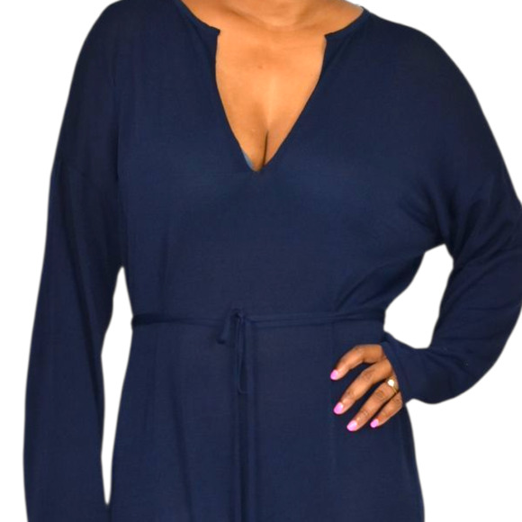 Zara Knit Maxi Dress Blue Sheer V Neck Oversized Belt Caftan Long Viscose Medium - Picture 4 of 14